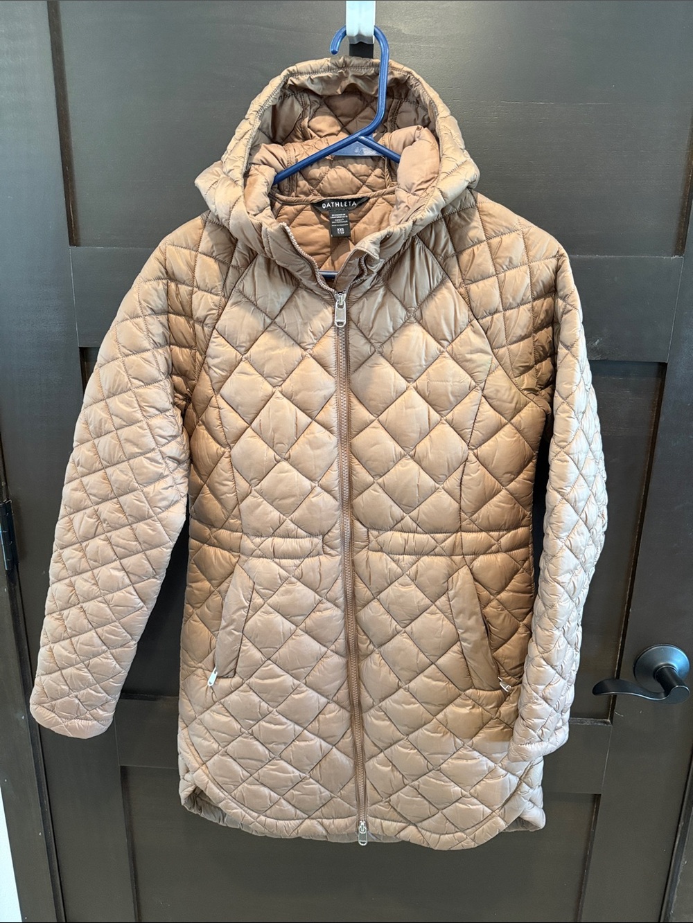 Athleta Women’s Quilted Hooded Jacket in Taupe